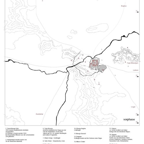Eine Karte zeigt historische buddhistische Stätten in Afghanistan und Pakistan, mit Beschriftungen und Ortsangaben wie Takht-i Bahai, Mes Aynak und anderen.