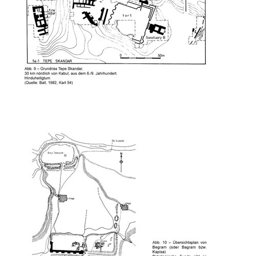  "Grundriss von Tepe Skandar und Übersichtsplan von Begram, historische archäologische Zeichnungen."